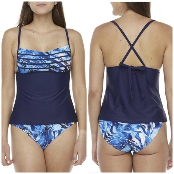 NWT Peyton & Parker Navy Blue with Swirls Tankini with Tummy Panel & Straps, 2X - Picture 1 of 14